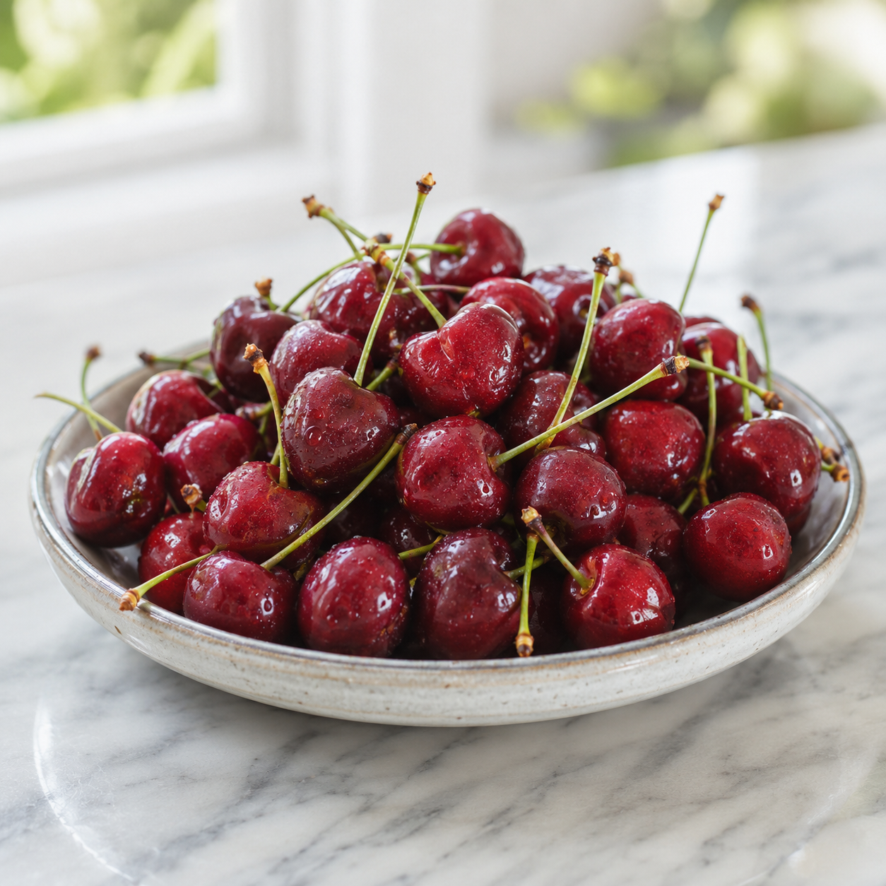 Bowl of cherries on a marble surface with a blurred natural background