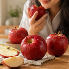 Person holding a red legend apple with more apples on a wooden table