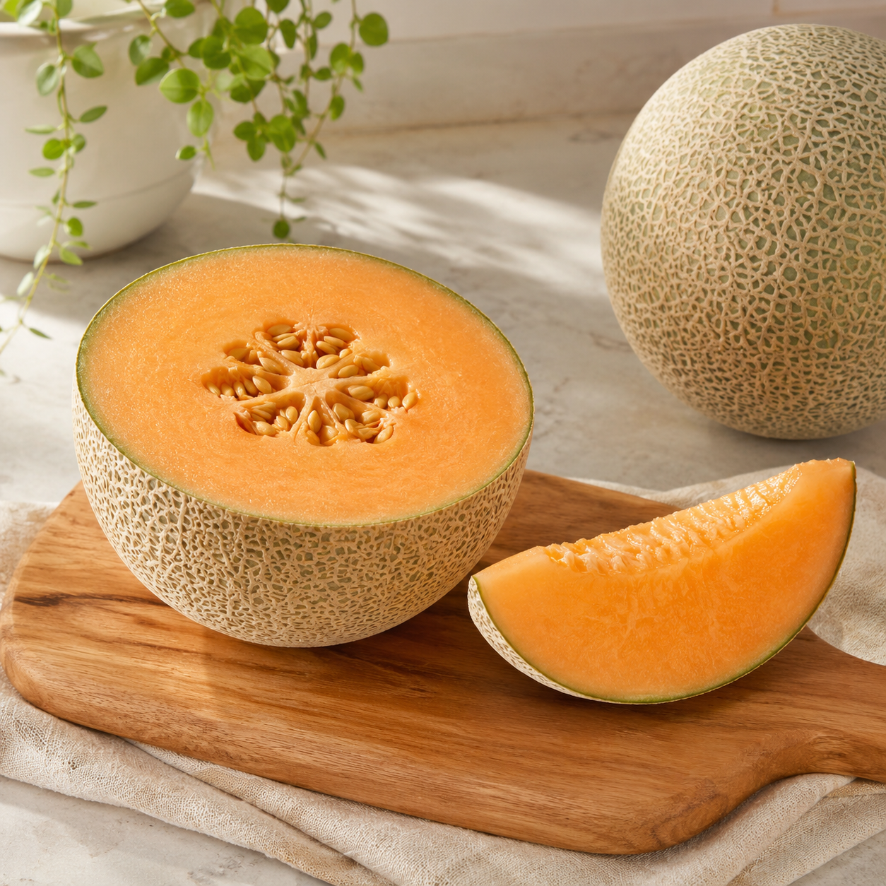 Melon husk with hazy green tinge and sweet orange flesh inside