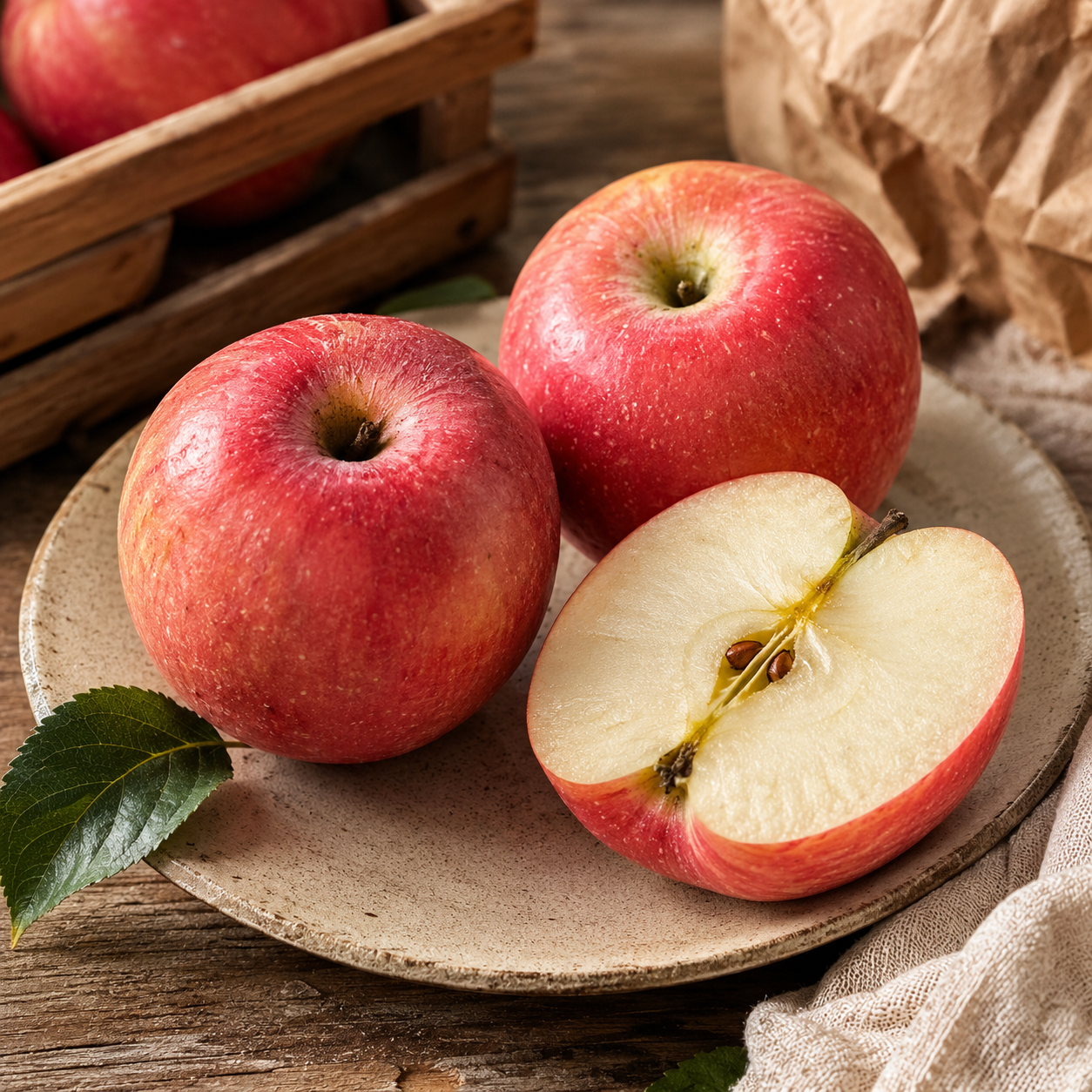 New Zealand Organic Royal Gala Apple with red striped skin and white flesh
