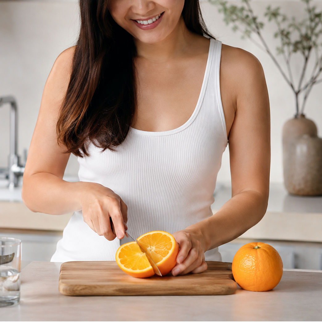 Woman cutting an orange on a wooden cutting board in a kitchen for juicing. 