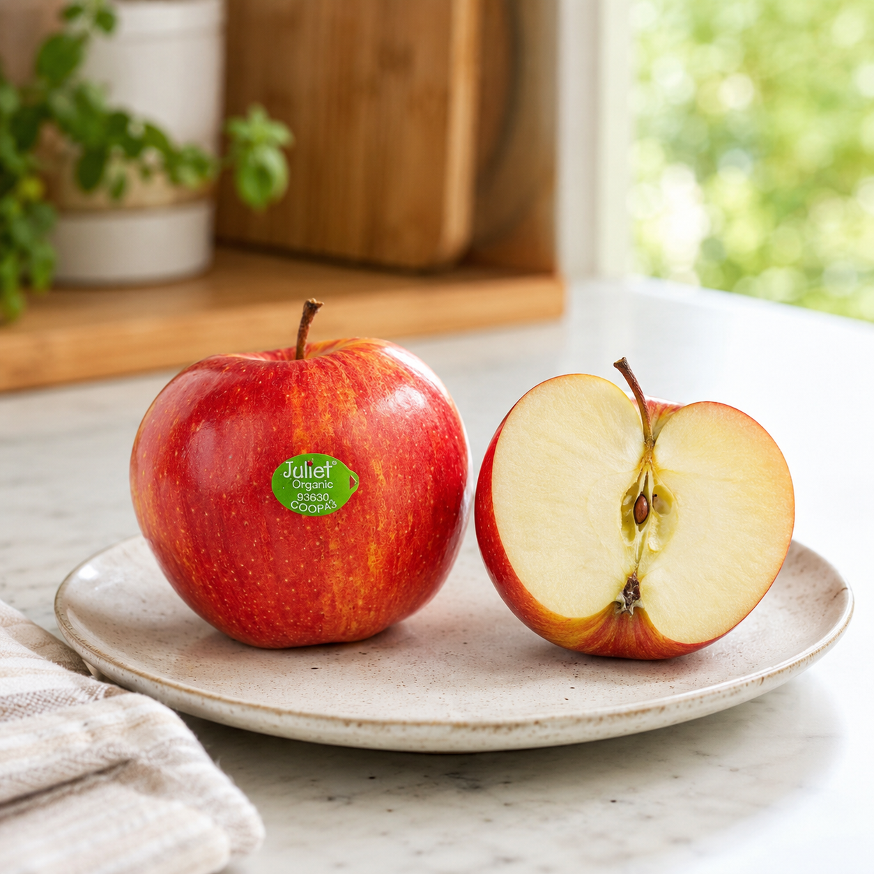 Person enjoying Organic Juliet Apple slices in Singapore