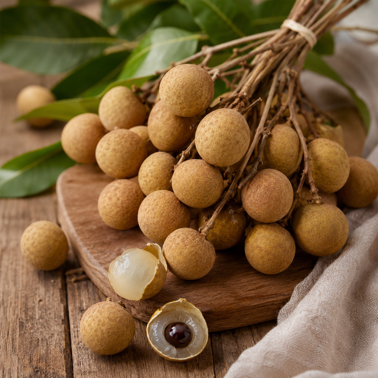 Organic longan bunch with stem and natural brown outer shell
