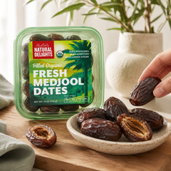 Organic pitted Medjool dates in 12 oz green tub
