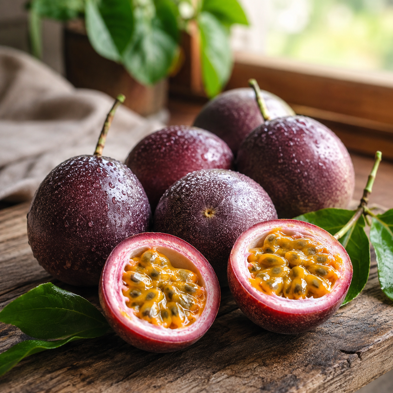 Passion fruit pulp and crunchy edible black seeds for desserts