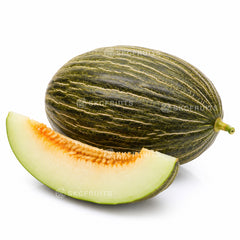 Cut open Piel de Sapo melon showing pale green white flesh