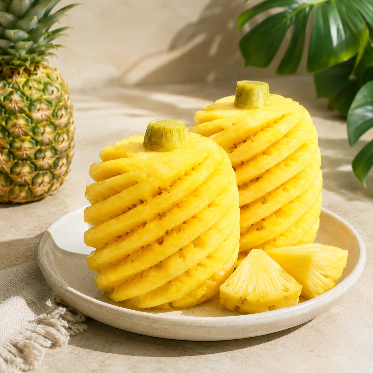 Fresh peeled pineapple that can be sliced into pineapple chunks or spears