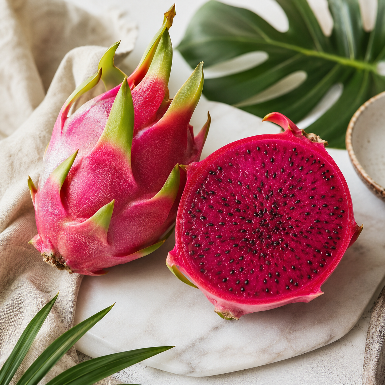 Pink dragon fruit with juicy red flesh and edible black seeds
