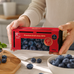 Premium Royal Jumbo Blueberries in red box packaging
