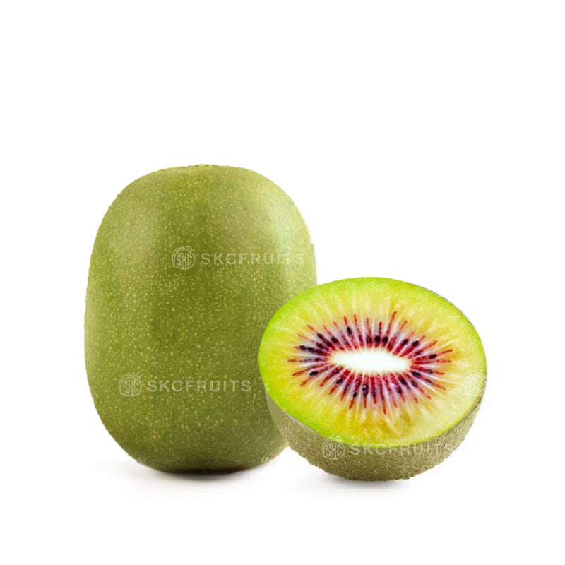 Japanese Rainbow Red Heart Kiwis, shown whole and sliced in half from the front view.