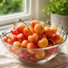 Glass bowl filled with red cherries on a light-colored surface with a blurred green plant in the background.