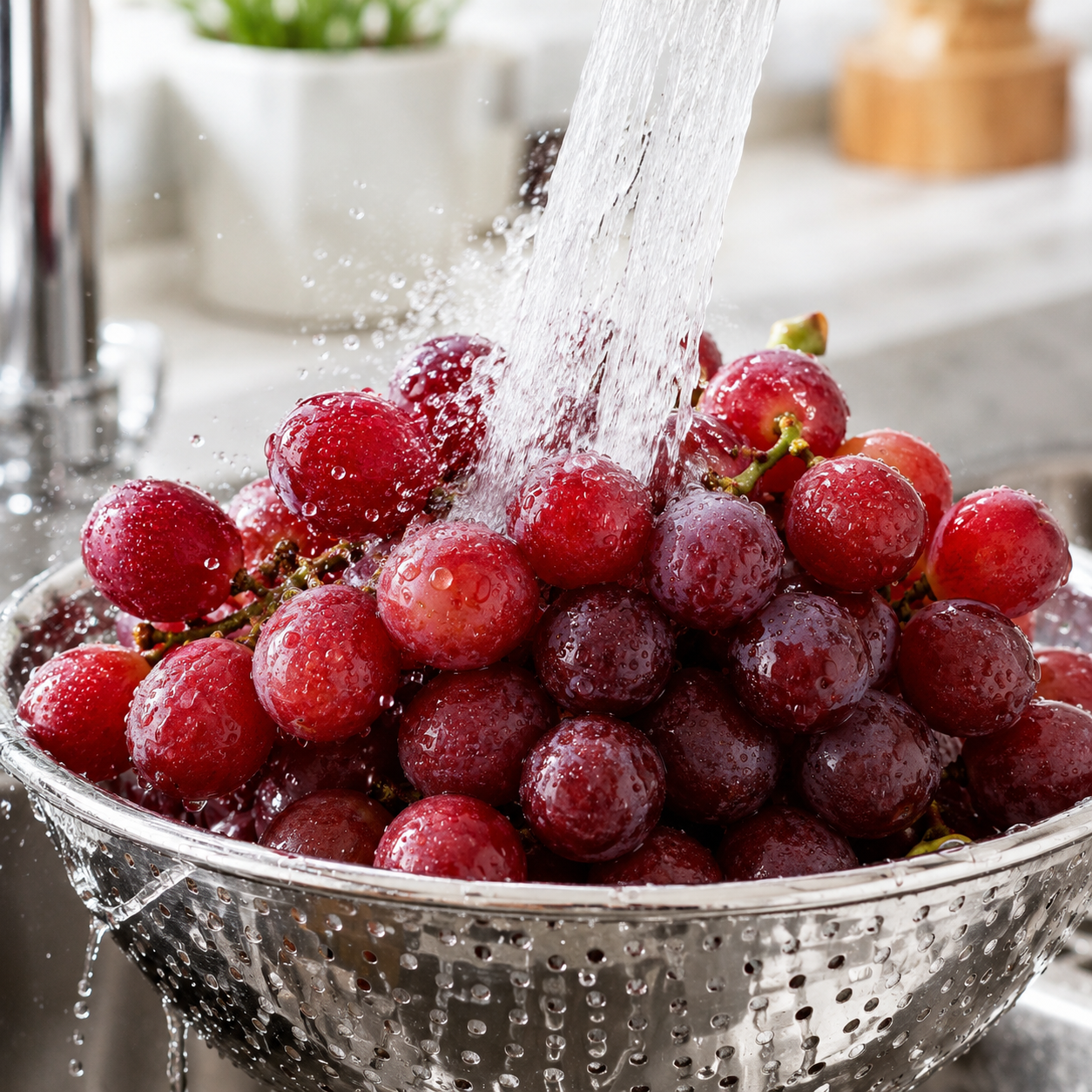 Red candy grapes served on a fresh fruit platter
