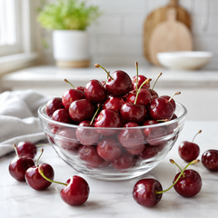 Clear glass bowl filled with red cherries on a marble surface with a blurred kitchen background.