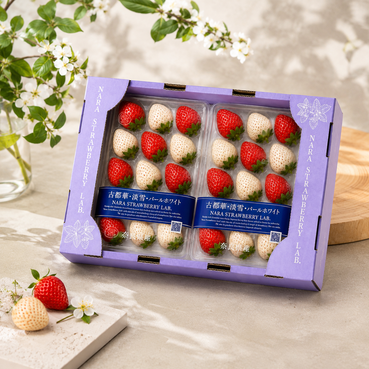 Japanese strawberry fruit gift box with red pink and white berries
Nara Strawberry Lab assorted strawberries with Kotoka Awayuki and Pearl White