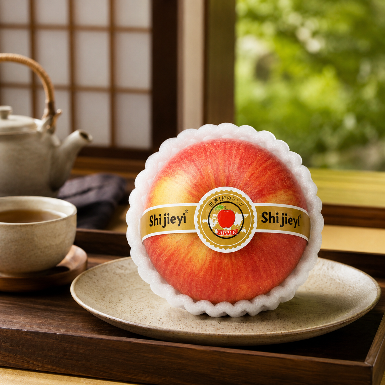 Large Shi Jie Yi apple with branded sticker covering the stem on a premium tea tray