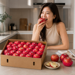Person enjoying a fresh Fuji apple from a small apple carton in Singapore