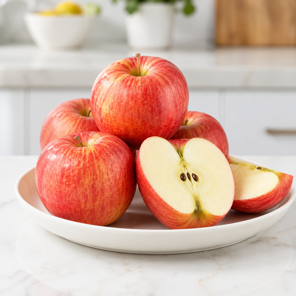 Cut Small Fuji Apple showing juicy flesh, texture, nutrition, and serving size