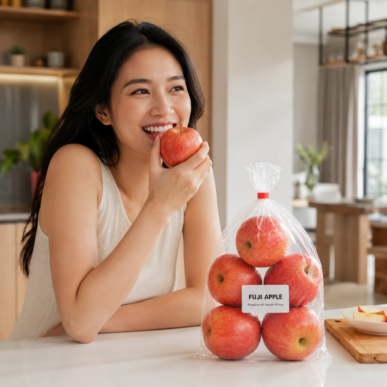 Person enjoying a fresh Small Fuji Apple for healthy daily snacking