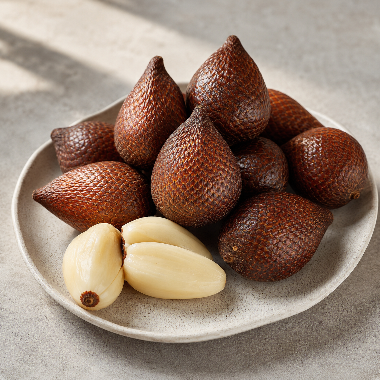 Buah salak with cream flesh and hard centre seed