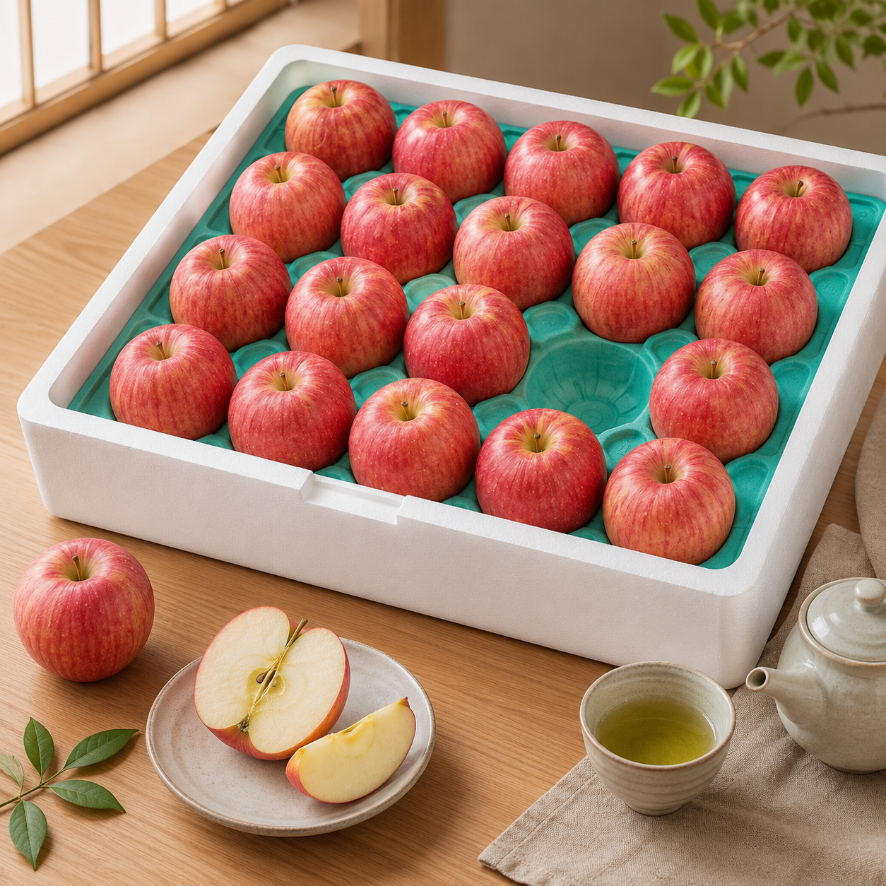 Cut Japanese Sun Fuji apple showing crisp juicy flesh and possible honeycore