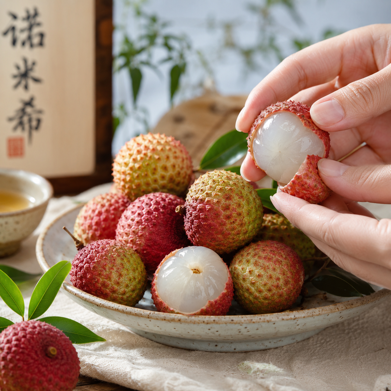 Tropical fruits in Singapore featuring fresh Nuo Mi Ci lychees