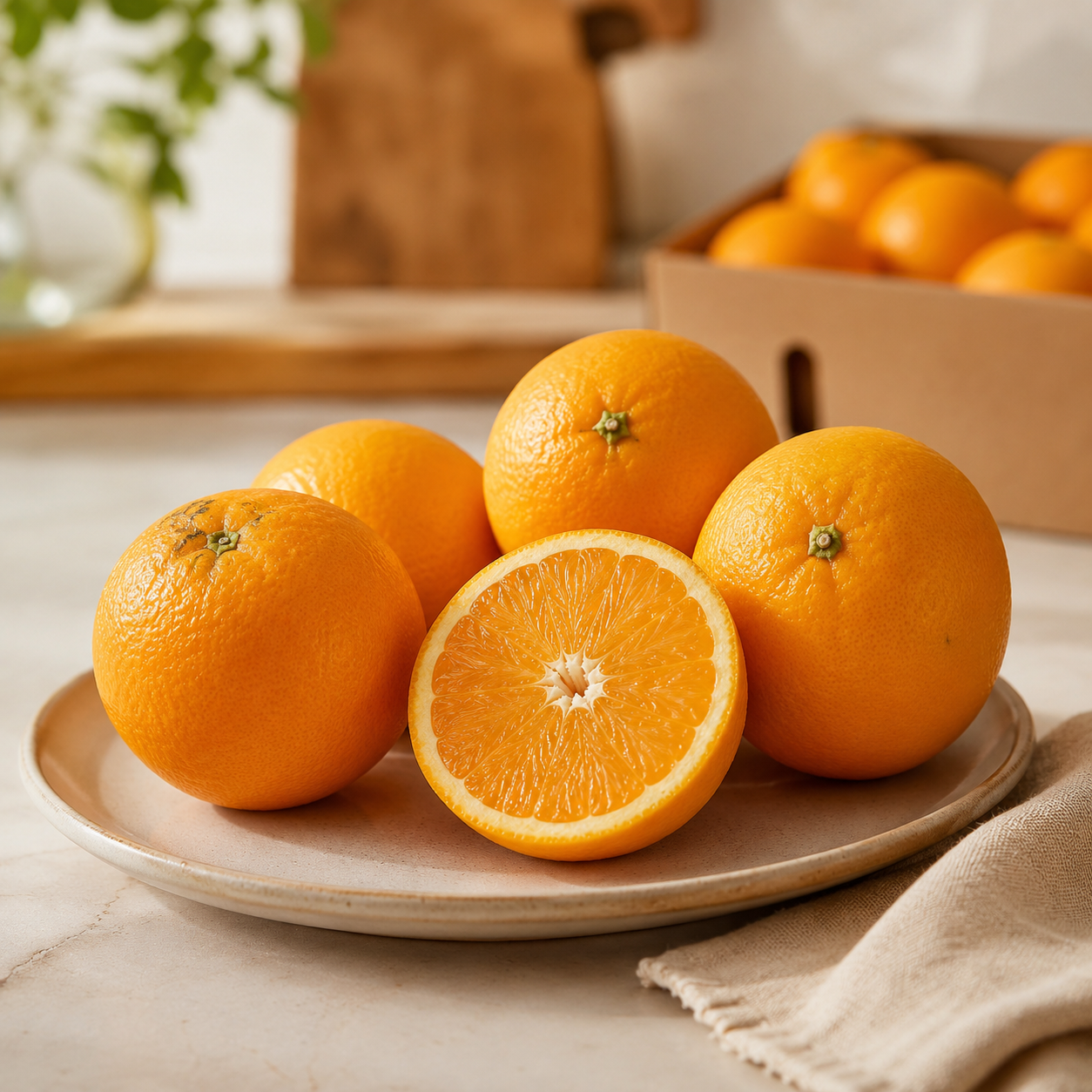 Fresh-squeezed Valencia orange juice prepared from juicy oranges