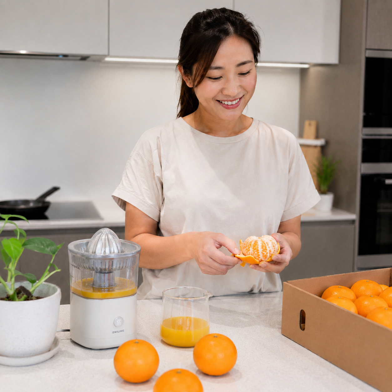Woman preparing valencia oranges in a kitchen with a juicer and refreshing sweet oranges on the counter in Singapore
