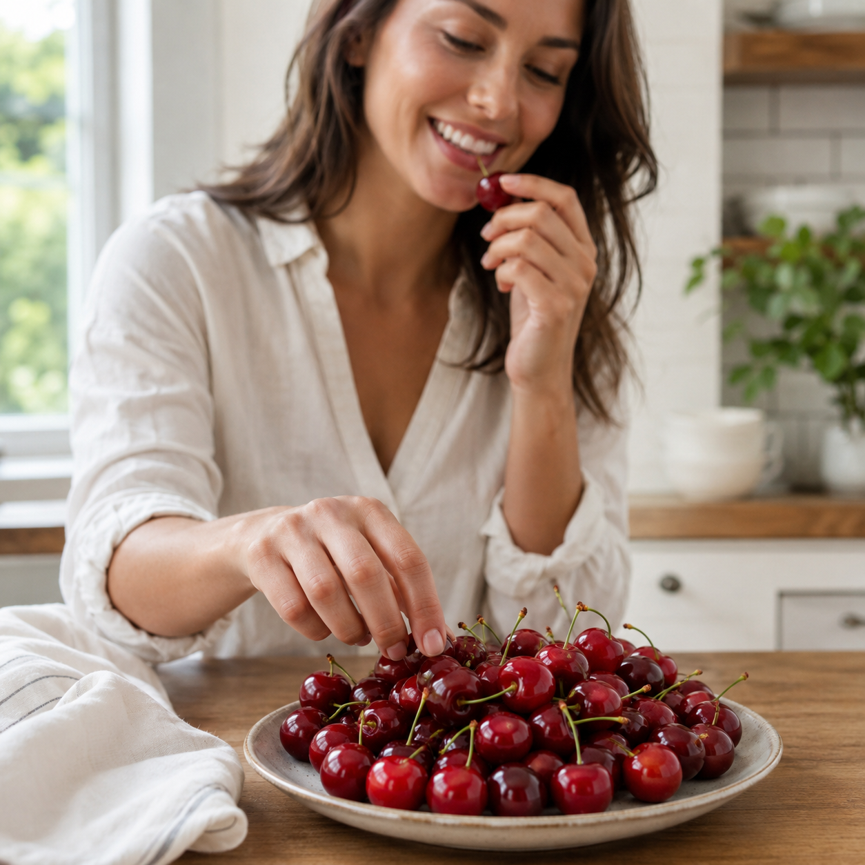Woman enjoying cherries from a plate in a kitchen setting