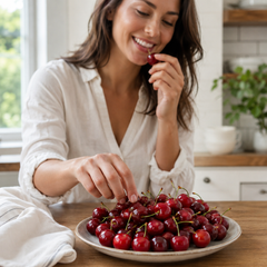 Woman enjoying cherries from a plate in a kitchen setting