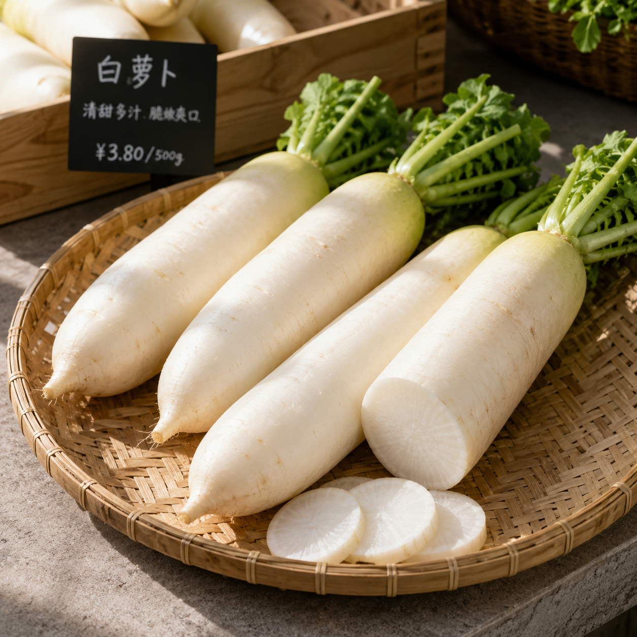 White carrot soup ingredient with juicy China daikon radish for clear broths