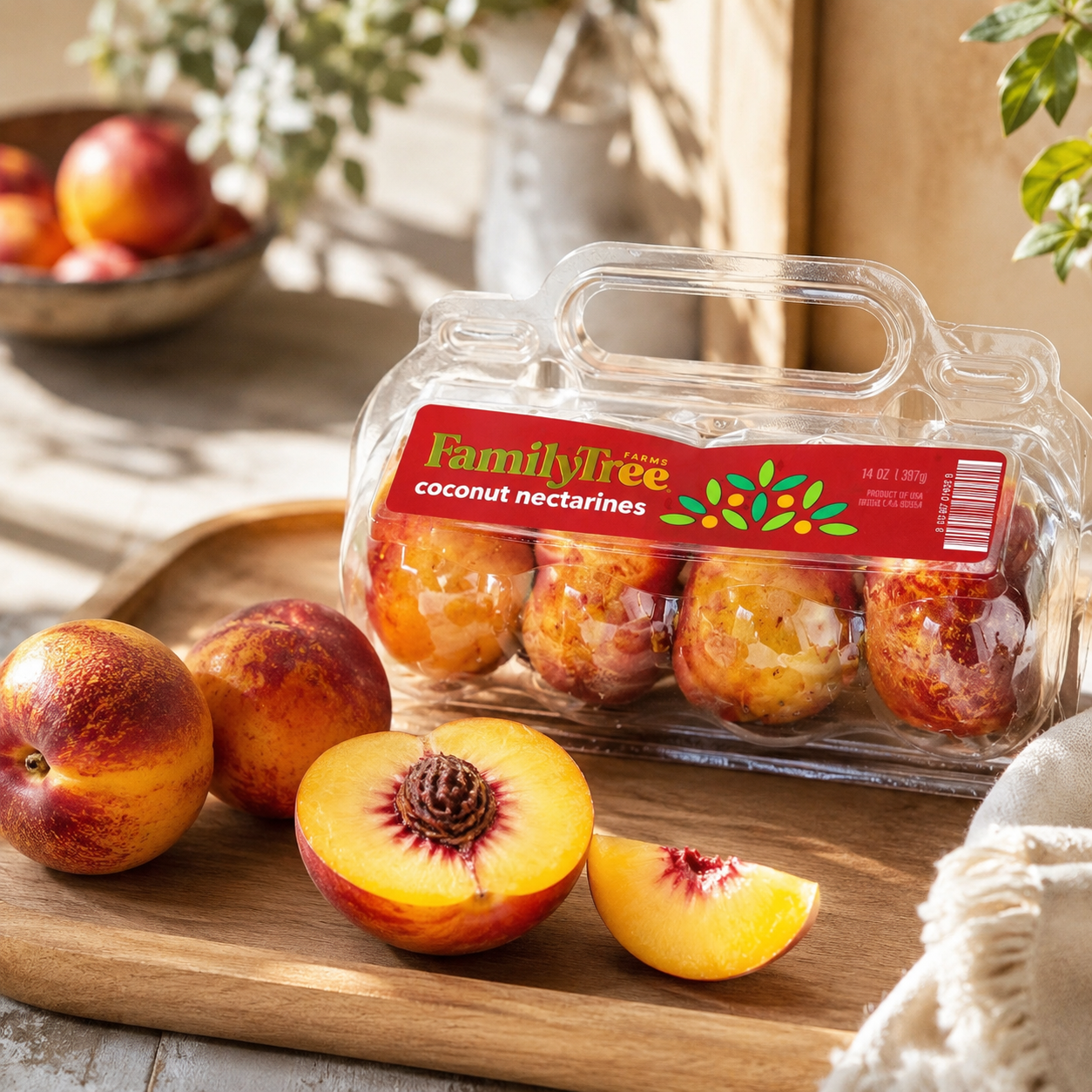 Yellow donut nectarines from Family Tree Farms with sweet tangy flavour