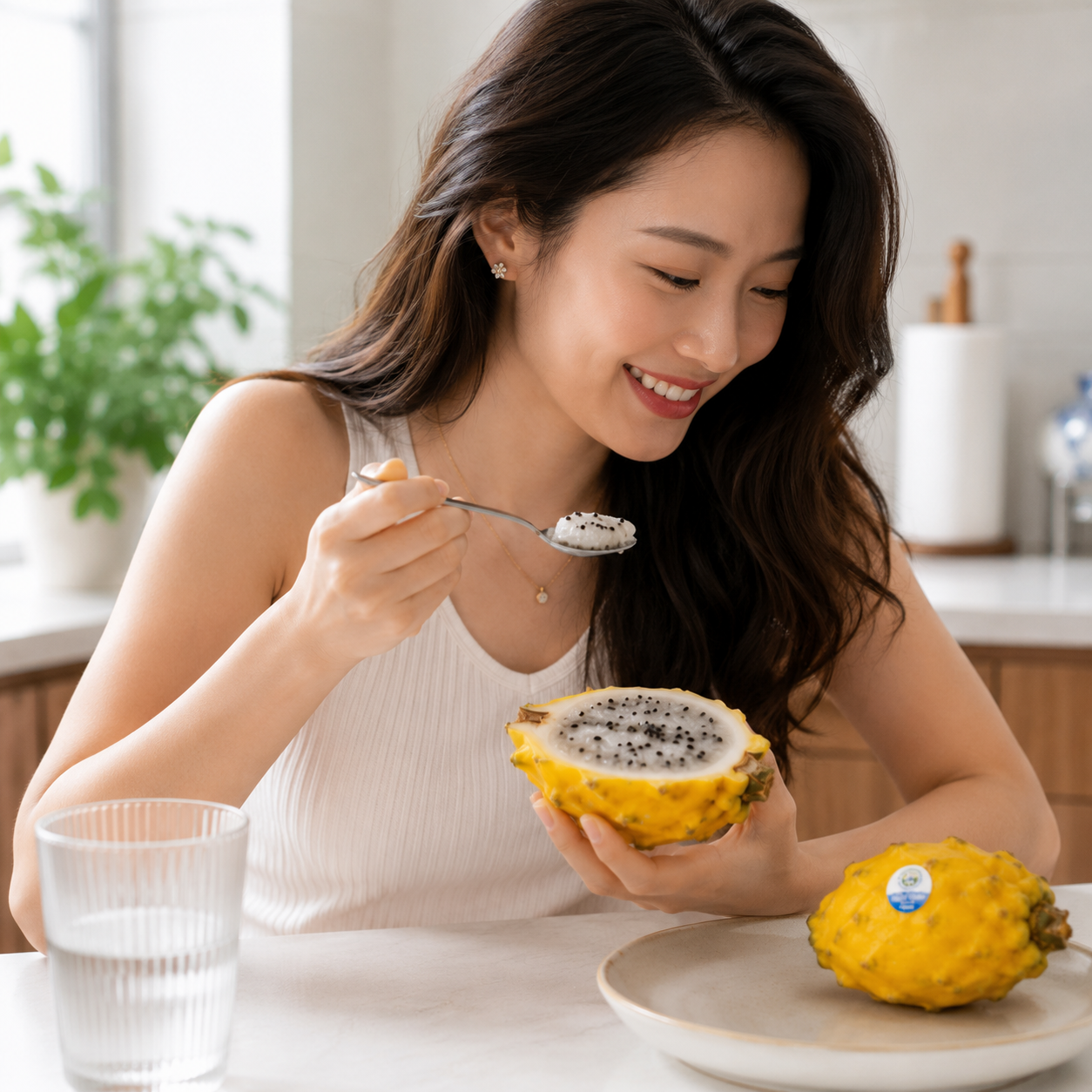 Person enjoying fresh Yellow Dragon Fruit for daily snacking in Singapore