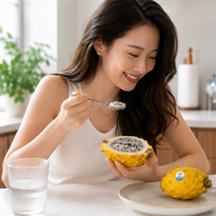 Person enjoying fresh Yellow Dragon Fruit for daily snacking in Singapore