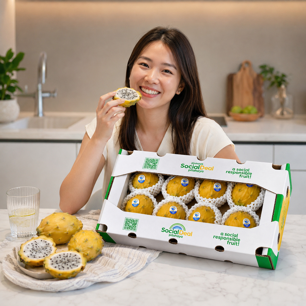 Person enjoying fresh yellow dragon fruit for smoothie juice and daily snacking