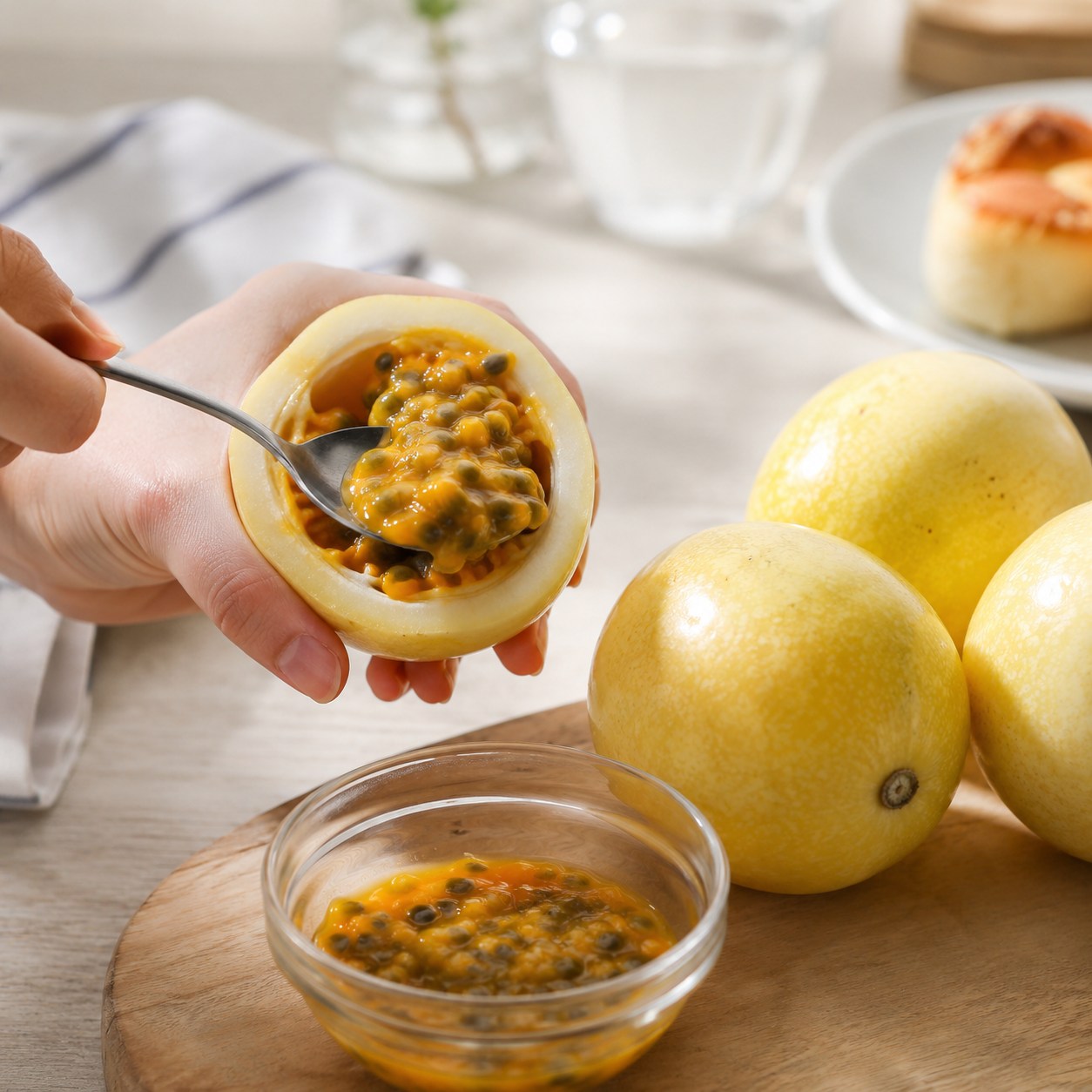 Yellow passion fruit showing crunchy edible passion fruit seeds