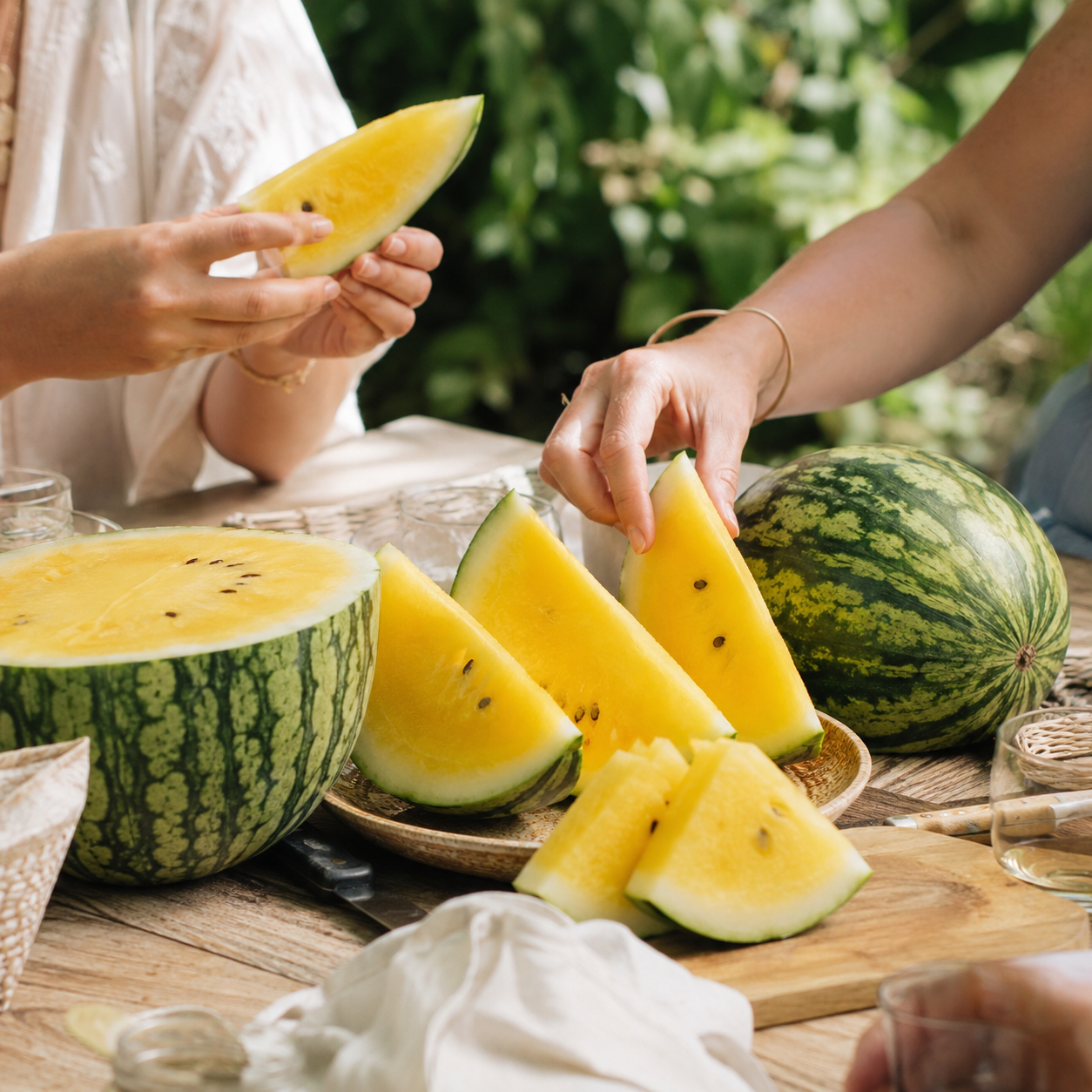 Yellow vs red watermelon comparison with fresh cut fruit slices
