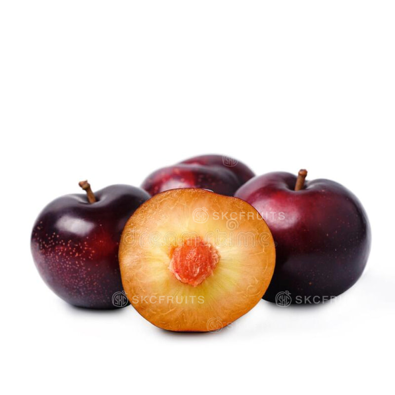 Flavor Fall Pluots with maroon skin and golden sweet crisp flesh