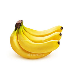 A bunch of ripe Cavendish bananas with a clean yellow skin, placed against a white background.