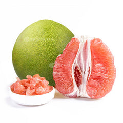 Ipoh Pink Pomelo showing juicy pale pink citrus flesh