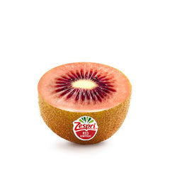 Ruby red kiwi sliced open showing colourful red kiwifruit flesh