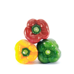 Sliced green pepper, red capsicum and yellow capsicum prepared for cooking