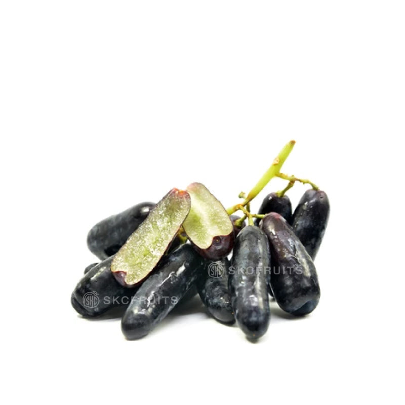 Sweet Sapphire long grapes with dark black seedless berries